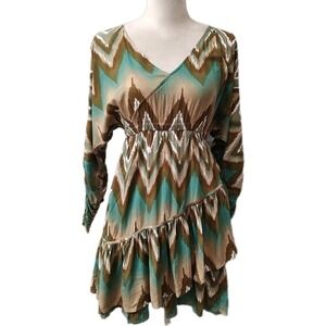 Ariat Women's Dress XS Brown Green Chevron Ikat Print 3/4 Sleeve Boho Western